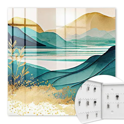Produktbild von Metall Schlüsselkasten 30 x 30 cm - weißer Schlüsselschrank zur Wandmontage - wandhängende Schlüsselbox mit Tür - nach links öffnend - Schlüsselaufbewahrung für Flur - Büro - Arbeitszimmer - Werkstatt - Garage - Türkisfarbene Berge