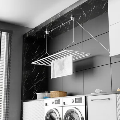 Image de Porte-manteau 70x50cm 5,6m de surface de séchage 2,5m Mini vertical pliable Séchoir à vêtements Métal avec revêtement plastique sans PVC Blanc Séchoir suspendu - Eric plafond