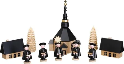 Produktbild von Weihnachtsfiguren Seiffener Kirche mit Kurrende und Baum Höhe ca 13cm NEU