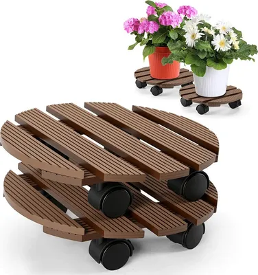 Produktbild von Faziango 4X WPC Pflanzenroller 30cm, Blumenroller Tragkraft 80 KG, Rolluntersetzer mit Rollen, Kübelroller für Pflanzen, Blumentopf(Rund, Braun)