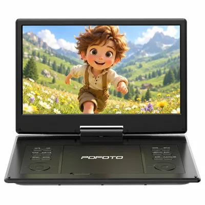 Productafbeelding van POFOTO 15,7-inch draagbare DVD-speler met 14,1-inch HD-scherm dat kan worden gedraaid, 6 uur batterijduur, zonevrij, ondersteunt meerdere formaten/SD/USB, TV/beamer-aansluiting