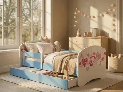 Obrázok produktu pre Modrá detská postieľka 140x70 v kompletnom vyhotovení s ochrannou bočnicou, matracom a úložným priestorom | Bezpečná detská postieľka s úložným priestorom