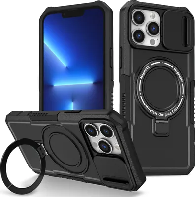 Produktbild von Handyhülle für iPhone 13 Pro Max Kompatibel mit MagSafe, Robuste Hülle mit Schiebe Kamera Schutz, Magnetischer Ringständer Schwarz