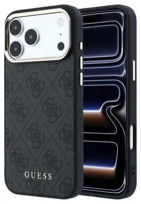 Obrázok produktu pre GuessPolyuretánkožené puzdro s rámom 4G v zlatej farbe a MagSafe pre iPhone 18 Pro, čierne (57983131377)