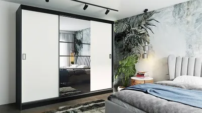 Produktbild von FurMeb24 Schiebetrenschrank RETRO 6 -200x205cm Kleiderschrank mit Spiegel, 3-triger Schiebeschrank (Graphit Antrazit / Weiss + Spiegel und Beschl€ge)