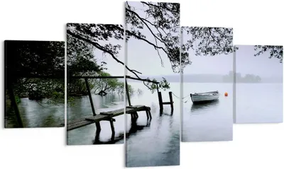 Produktbild von Bild auf Leinwand - Leinwandbild - See Dock Boot Bäume - 125x70cm - Wand Bild - Wanddeko - Leinwanddruck - Bilder - Kunstdruck - Wanddekoration - Leinwand bilder - Wandkunst - EA125x70-2218