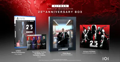 A promotional image showcasing the Hitman World of Assassination 25th Anniversary Box, featuring the PS5 game, DLC, a shadowbox, and a lenticular card.