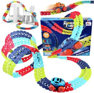 A collage of images showing a flexible race track toy set with cars and packaging.