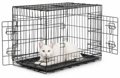 Image de lionto Cage de transport pour chats en métal, stable & pliable avec cloison & bac de fond en plastique, 76x49x56 cm