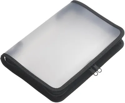 A closed portfolio with a zipper.
