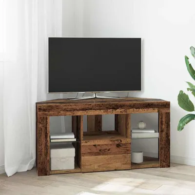 Zdjęcie produktu dla Maison Exclusive - RTV stojak narożny z oświetleniem LED, 100 x 40 x 50 cm, wykonany z recyklingowanego drewna i płyty drewnopochodnej