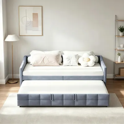 Image de INONEFT, lit de jour 90x200 cm, convertible en lit, canapé-lit extensible avec sommier à lattes, lit de jour/lit d'appoint avec accoudoirs, en velours, couleur gris