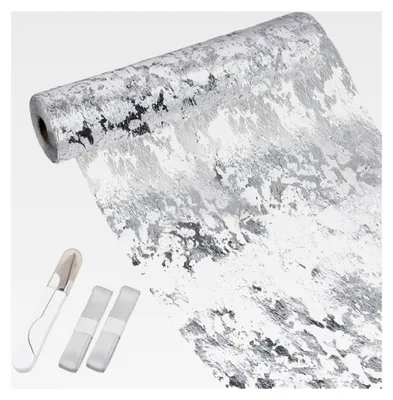 Produktbild von Tischläufer 28 cm x 20 m in Silber, Glänzend mit Schere und 2 Farbigen Bändern, Tüllband aus Polyester für Tischdekoration bei Partys, Hochzeiten, Geburtstagen und Weihnachten