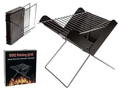 A black folding BBQ grill is shown in an open, ready-to-use state, with a smaller image of the grill in its folded state and its packaging in the background.