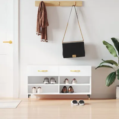Zdjęcie produktu dla vidaXL Ławka na buty biała 102x35x55 cm Materiał drewnopochodny - Ławka na buty - Ławki na buty - Ławka z miejscem do przechowywania - Stojak na buty