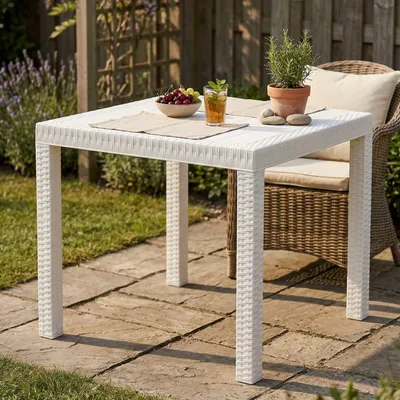 Immagine prodotto di Dmora Tavolo da Esterno Acqua 80x80x74h cm Bianco, 6 Posti Resistente ai Raggi uv, Waterproof, 100% Resina Riciclabile, Lavabile Italy
