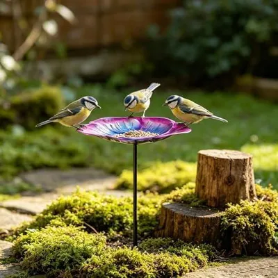 Produktbild von Metallene Blumen-Vogeltränke, 63 cm, mit Metall-Wasserschale, Blumenmotiv und Erdspieß für Kolibris, Schmetterlinge, Garten, Hof und Terrasse