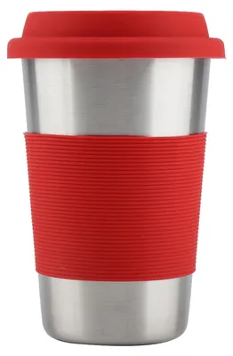 Zdjęcie produktu dla Kubek ze stali nierdzewnej o pojemności 500 ml z silikonową osłoną i pokrywką, izolujący termicznie, butelka na wodę (czerwony)