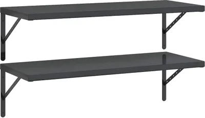 Two black wall shelves are mounted on a white background.
