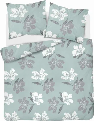 A top-down view of a bedding set with a floral pattern on a light mint green background.