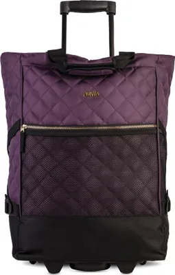 A purple quilted shopping roller bag with black accents and wheels.
