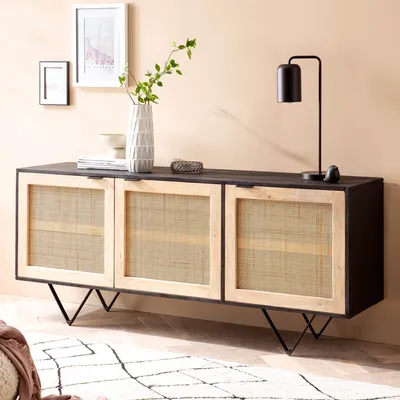 Produktbild von Massivholz Sideboard 175cm Mango Design Kommode mit 3 Rattan Wiener Geflecht Türen Schwarz