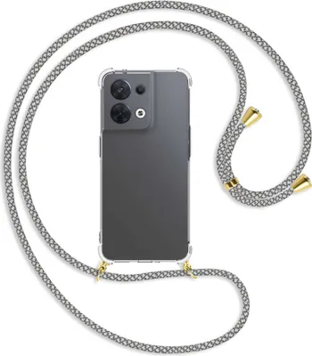 Produktbild von Handykette Backcover-Schutzhülle mit Band (Metall goldfarben) für Oppo Reno8 5G (CPH2359, 6.4'') - weiß/grau kariert