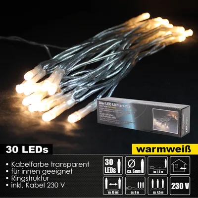 A string of warm white LED lights on a black background, with a product box and descriptive text in the foreground.