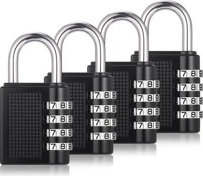 Productafbeelding van Set van 4 combinatiehangsloten, weerbestendige hangsloten met cijfercombinaties, 4-cijferige sloten, roestvrijstalen hangsloten met cijfercombinaties, geschikt voor sportkasten, tuinhuizen, kelders en tuinen (A, zwart)