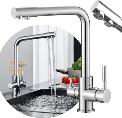 Obrázek produktu pro SIGO, 3cestný vodovodní kohoutek, kuchyňská baterie, směšovací baterie, otočná o 360°, chrom