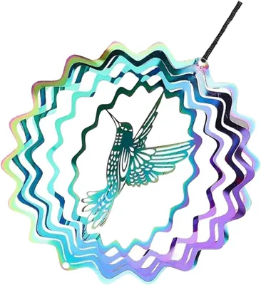 Produktbild von Edelstahl-Windspiel als Gartendekoration mit drehendem 3D-Kolibri-Ornament zum Aufhängen für Veranda und Garten