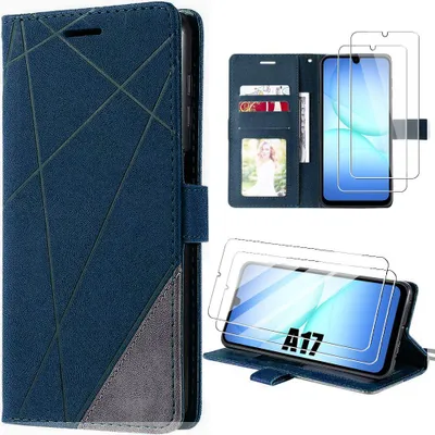 Image de Coque + 2 Verres Trempés pour Samsung Galaxy A17 5G/4G, Anti-Rayures Protection Synthécuir Bleu Marine