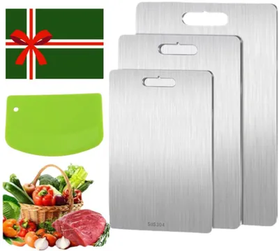 Produktbild von Schneidebrett aus Titan, Set mit 3 Schneidebrettern aus Edelstahl, leicht zu reinigen, doppelseitig, lebensmittelecht, geeignet für Fleisch, Obst und Gemüse.