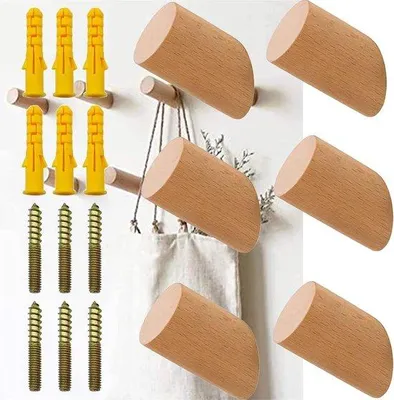 Obrázek produktu pro Dřevěné nástěnné háčky do obývacího pokoje – sada 6 kusů – přírodní dřevo – kulaté háčky – 118 x 236 palců