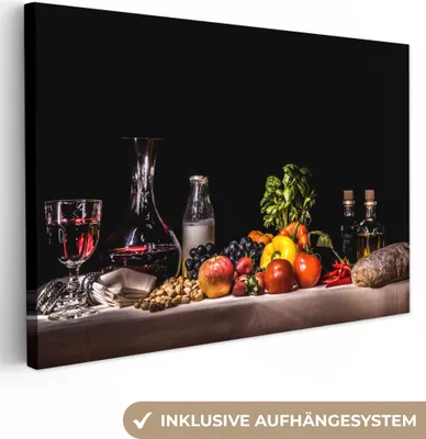 Produktbild von MuchoWow® - Leinwandbilder - Stilleben - Essen - Trinken - Obst - Schwarz, Wandbild, Wanddeko Bilder Wohnzimmer, 120x80 cm