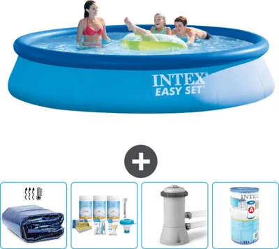 Produktbild von Intex runder aufblasbarer Easy Set-Pool – 396 x 84 cm – Blau – im Lieferumfang enthalten Sonnensegel - Wartungspaket - Filterpumpe für Schwimmbad - Filter