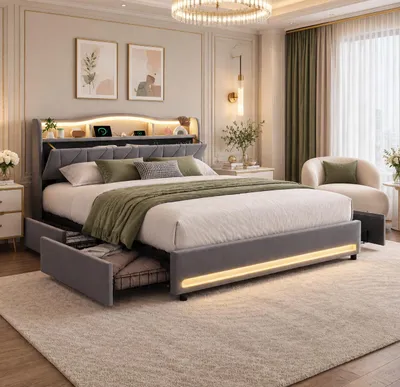 Produktbild von INONEFT Polsterbett 160x200cm, Doppelbett mit LED und USB, Jugendbett mit 4 Schubladen und Stauraum im Kopfteil, bett mit Lattenrost, Samt, grau