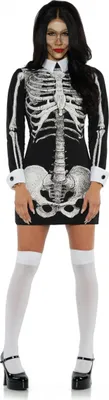 Produktbild von Kurzes Skelett Kostümkleid mit langen Ärmeln & Kragen für Halloween Größe: XL