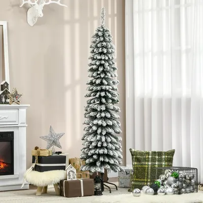 Produktbild von Künstlicher Weihnachtsbaum schlank, 180 cm, Grün/Weiß mit Schneeeffekt, flammhemmend