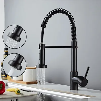 A black kitchen faucet with a pull-down sprayer is shown in a sink area, with inset images highlighting the sprayer functions.