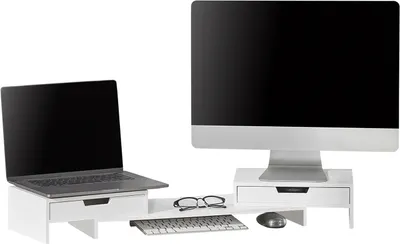 Produktbild von SoBuy BBF04-W Design Monitorerhöhung für 2 Monitore Bildschirmständer Schreibtischaufsatz mit 2 Schubladen Weiß BHT ca.: 60-107x11x22cm