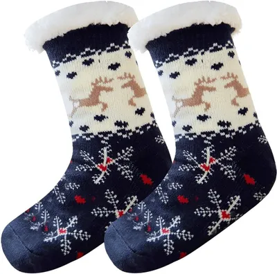 Produktbild von Weihnachtssocken Elch, Warme Socken Weihnachten, Kuschelsocken Damen, Hš¹ttensocke Christmas Socks mit Teddyfutter und Anti Rutsch Noppen,Wintersocken fš¹r Damen und Herren(Dunkelblau)