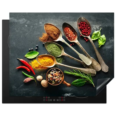 Produktbild von KitchenYeah© Herdabdeckplatte Löffel - Kräuter - Beton , 65x52cm, Küche Deko, Glaskeramikkochfeld Herdabdeckung, Abdeckplatte fùr Kochfeld