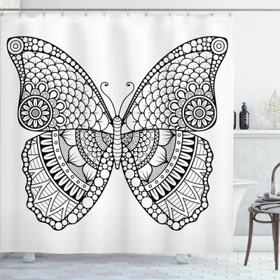Produktbild von ABAKUHAUS Volk Duschvorhang, Schwarzweiss-Schmetterlings-Entwurf mit verschiedenen Elementen von den Ostzivilisationen, 175 x 240 cm, Weiß und Schwarz