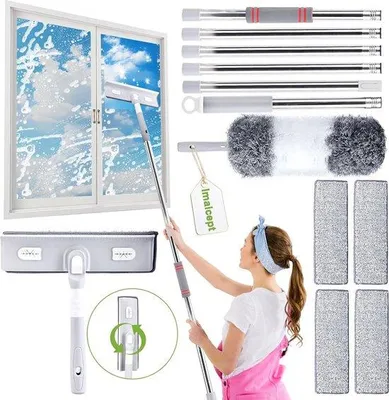 Produktbild von Unyqoos® 4-in-1 Fensterreiniger – Teleskopstiel 30–275 cm, 360° drehbarer Kopf, 6-teilig, 4 Mikrofasertücher & Silikonabzieher für innen und außen