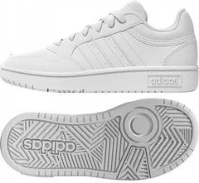 A studio shot of a pair of white Adidas Hoops 3.0 K sneakers, showing the side profile and the sole.