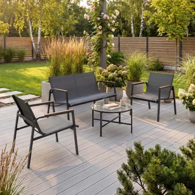 Produktbild von BEAUTYSOFA | THAITI Gartenmöbel Set Dunkelgrau – Gartensitzgruppe mit 2-Sitzer Sofa, 2 Sessel & Couchtisch, Terrassenmöbel, Stahlgestell, 4 Sitzplätze