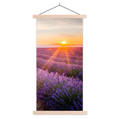 Produktbild von MuchoWow® Textilposter Lavendel - Sonnenuntergang - Blumen - Lila 60x120 cm mit holzfarbenen Rahmen - Holz