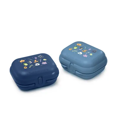 Two small, rectangular food containers with lids, decorated with Halloween-themed illustrations.