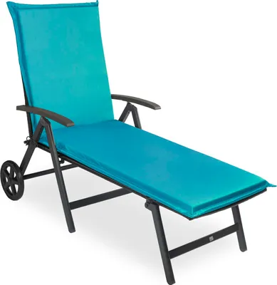 A single blue chaise lounge with a cushion, shown against a white background.